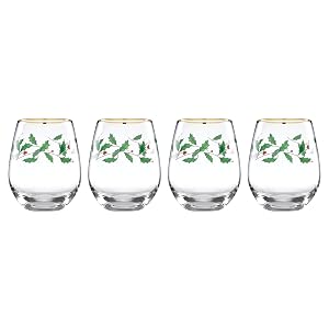 Lenox 888202 Holiday 4-Piece Stemless Wine Glasses Christmas Drinkware Set Hosting