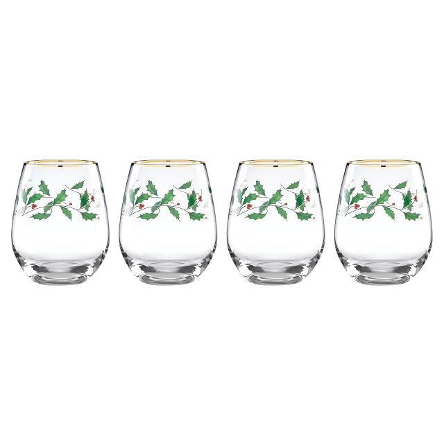 Lenox 888202 Holiday 4-Piece Stemless Wine Glasses Christmas Drinkware Set Hosting