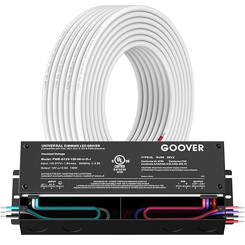 GOOVER Controlador LED regulable de 150 W, fuente de alimentación regulable Triac de 12 V, transformador de CA a CC para luz LED, compatible con