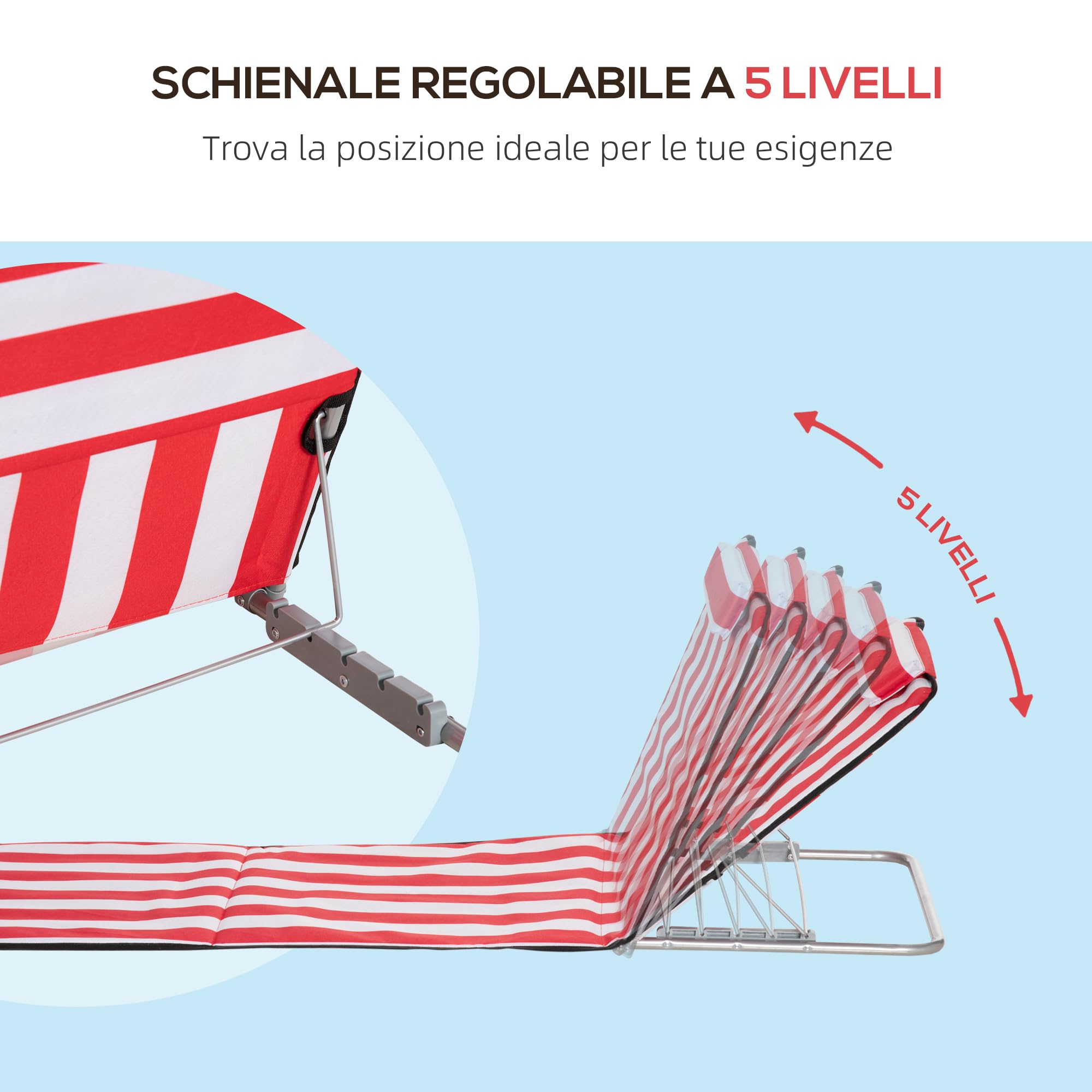 Outsunny Chaise Lounge de plage pliante Set de 2 Rouge et Blanc | Tapis de plage au sol, dossier réglable, cadre en acier, oreiller de tête, sac de transport, pour jardin, bord de lac
