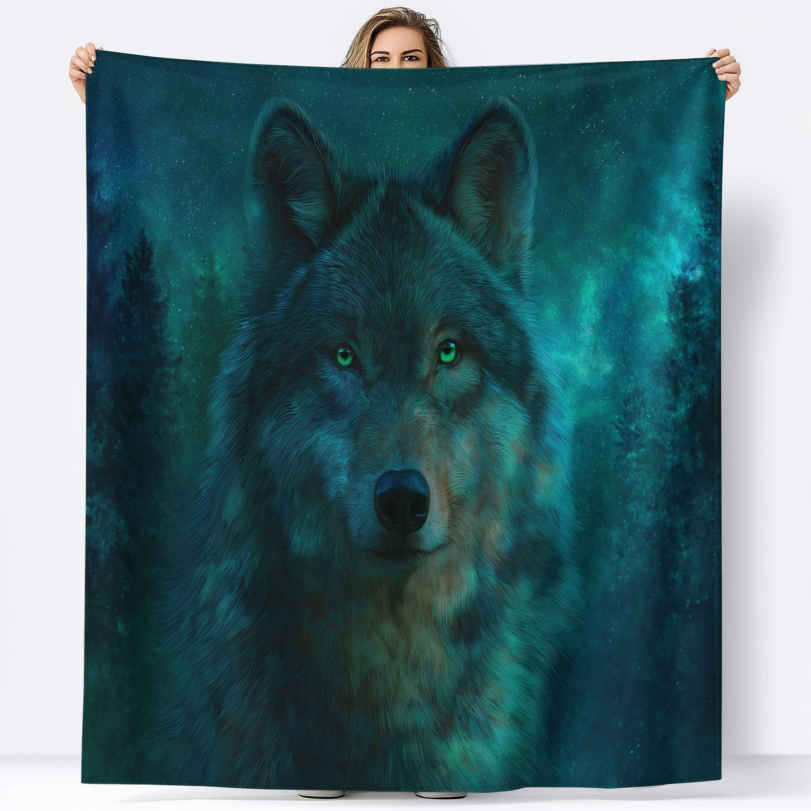 Genérico Wełniany koc 220 x 240 cm zwierzę fantastyczny magiczny las wilk szerpa wełniany koc, zielony flanelowy koc polarowy koc pluszowy dzieci dorośli młodzież łóżko sofa sypialnia żłobek koce