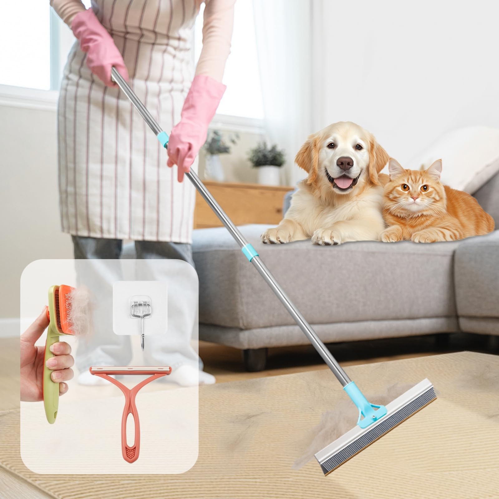 2 in 1 Carpet Rake for Pet Hair Removal with 54" Adjustable Handle, Reusable Pet Hair Removal Broom, Multi-Functional Cat Dog Hair Remover for Rugs, Mats, Couch, Clothes