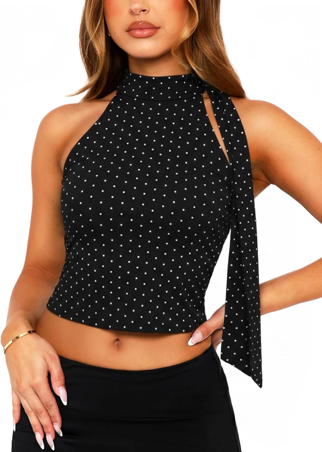 OZICERD Off Shoulder Halter Mock Neck Going Out Tops for Women Cute Club Rave Top Bow Tie Sleeveless Crop Tank Top with Scarf