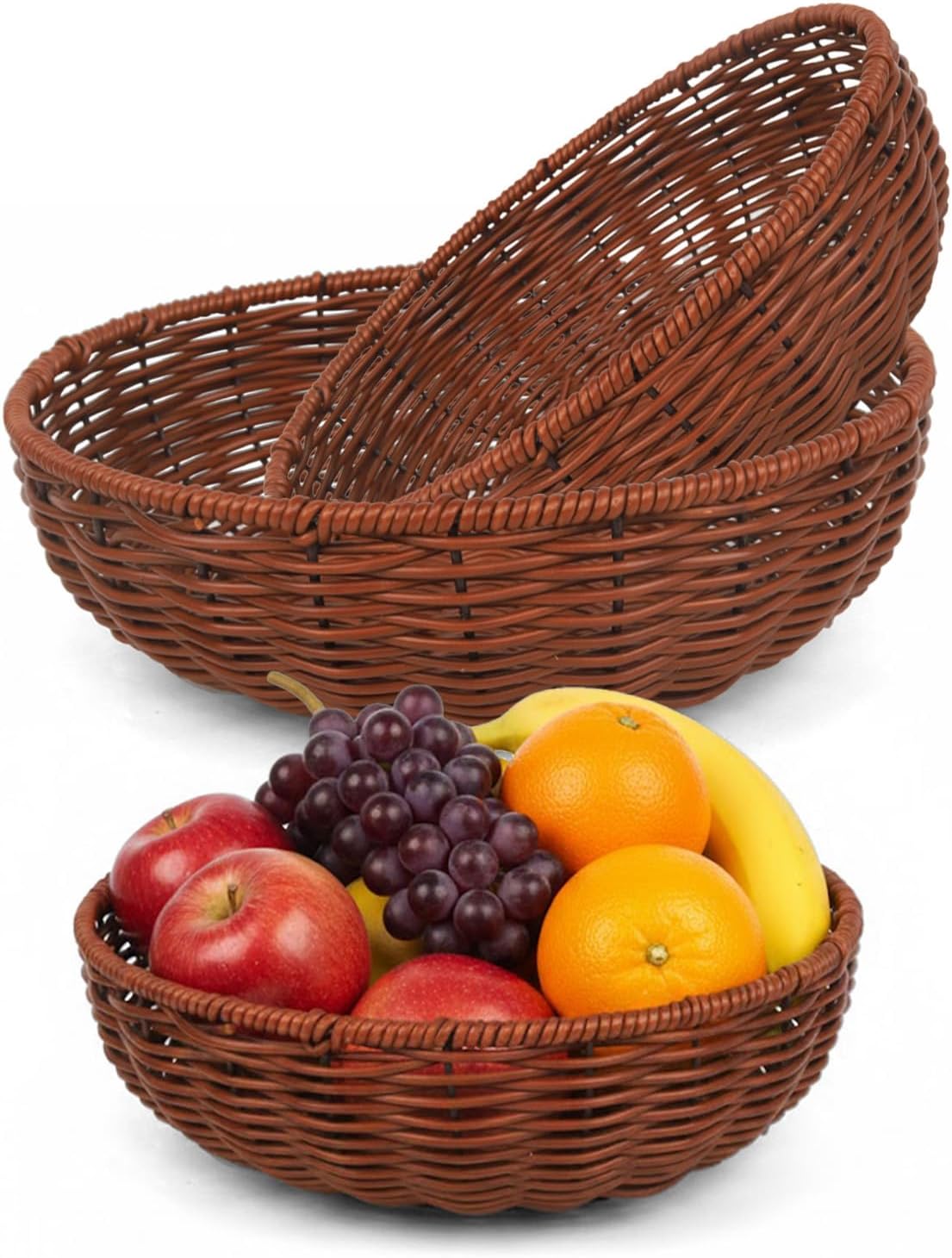 Wicker Baskets Set, 3 Pack Handwoven Rattan Storage Bins for Fruit, Vegetables, Bread, Snacks, Round Tabletop Food Serving Trays, Rattan Woven Snack Baskets, Kitchen Storage (Brown)