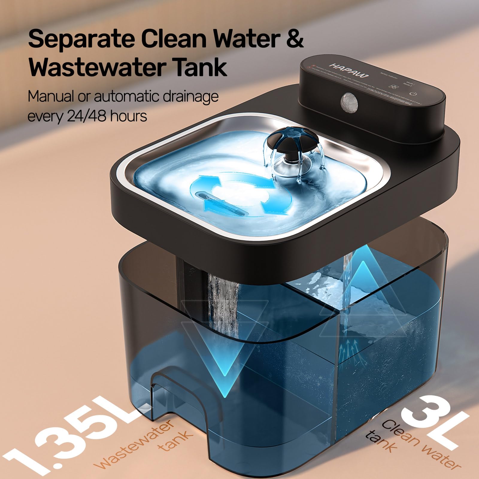HAPAW 2026 Latest Cat Water Fountain, No Filter Cotton, App Monitoring Wastewater Separation Wireless Pet Fountain, 5000mAh Battery & Plug-in, 3L/101oz Water Dispenser for Cats Indoor, 2.4G Wi-Fi - image 2