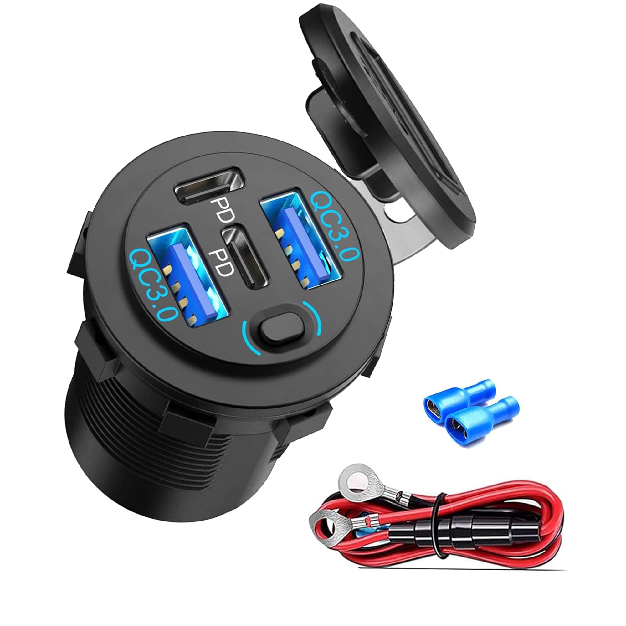 12V USB Charger with 4 Ports, Quick Charge 3.0 Ports 12V USB Outlet with Switch for Marine, Boat, Motorcycle, RV, Golf Cart (Pack of one)