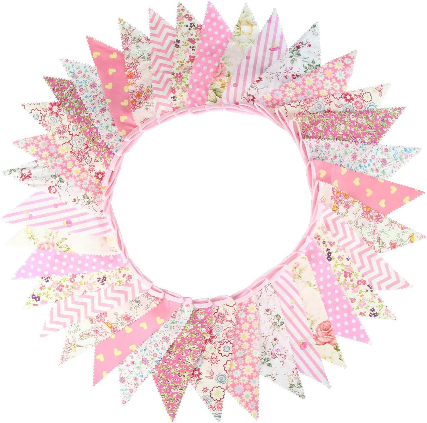 Daaxing 36Pcs Large Fabric Bunting Banner, 33 Feet Garden Bunting Floral Bunting Cotton Vintage, For Wedding Baby Shower Garden Birthday Parties Home Decoration (Pink)
