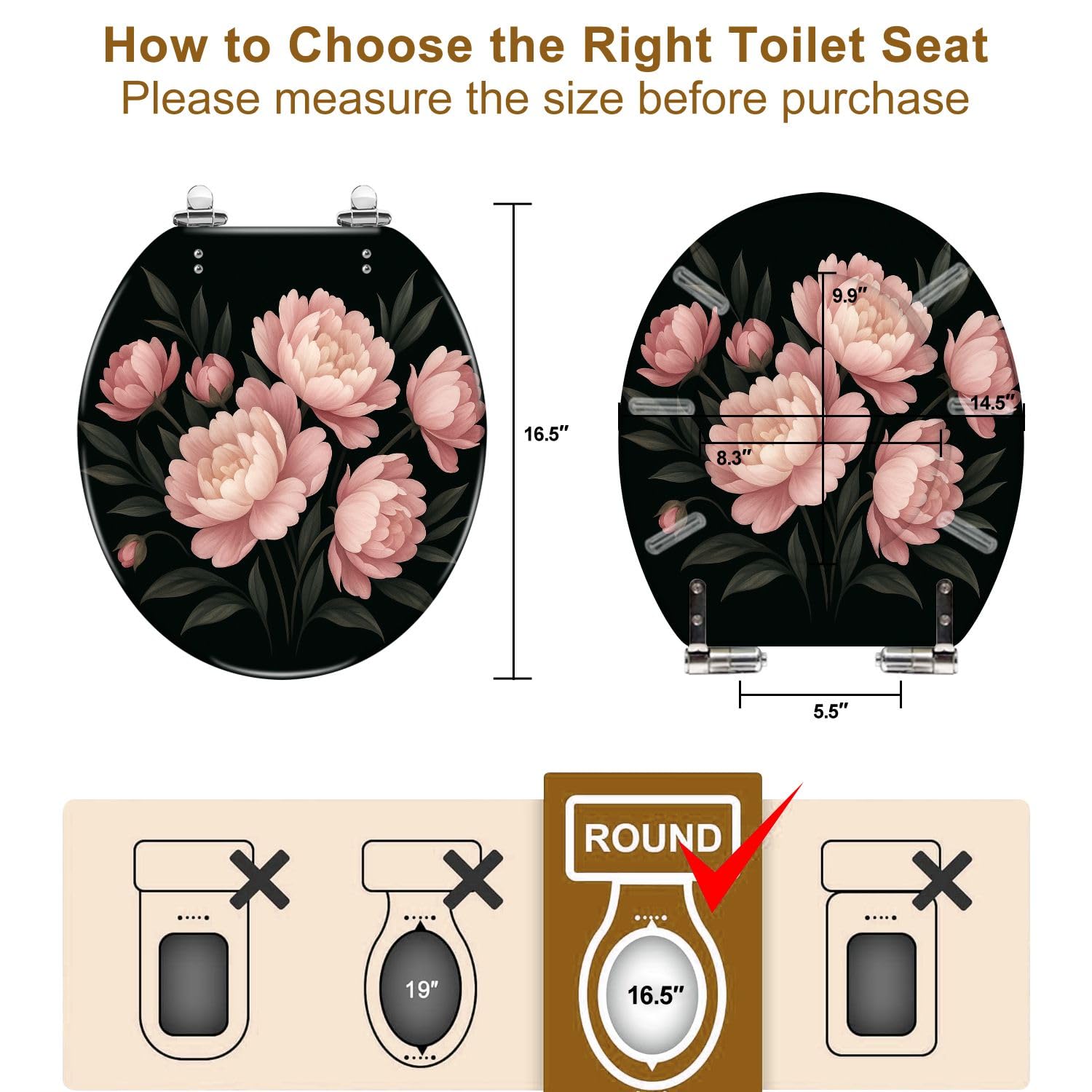 Asiento de inodoro redondo de resina negra con cierre suave para baño.