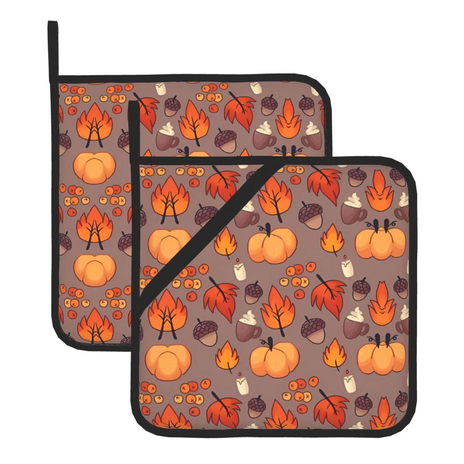 WHJSHOP Fall Prints Square Hot Pads for Kitchen - Waterproof Pot Covers with Hanging Loops - Thick Heat Resistant Trivets for Serving & BBQ, 2-Piece Set