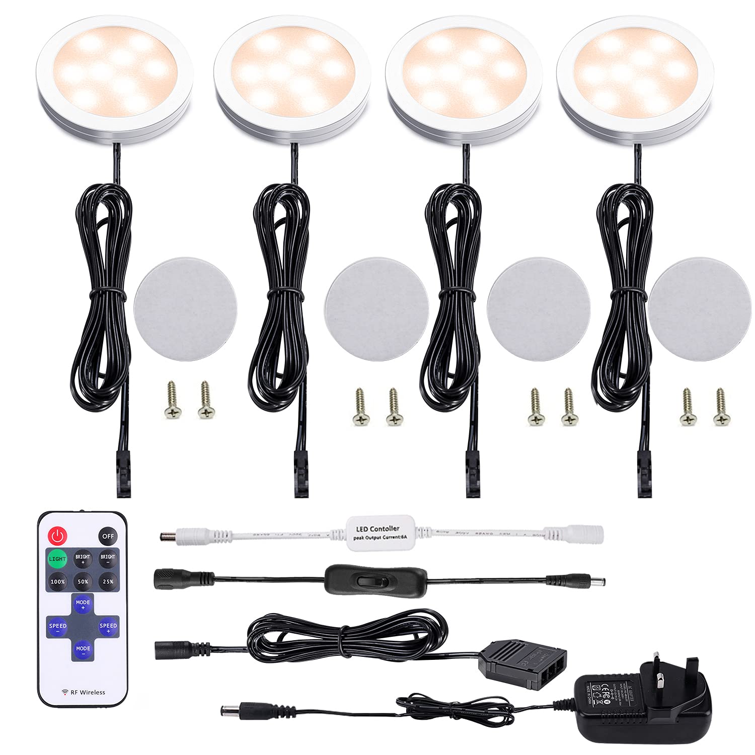 Aiboo Warm White Led Under Cabinet Dimmable 4-Pack Puck Light With Remote - 12V Plug-In For Kitchen Cupboard, Counter, Shelf - 2700K