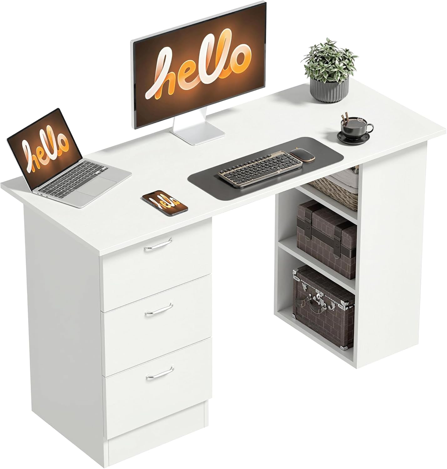 HOMCOM Computer Desk with Storage, 47" Writing Table with 3-Tier Shelves and 3 Reversible Drawers, Work Desk for Home Office, Bedroom, White