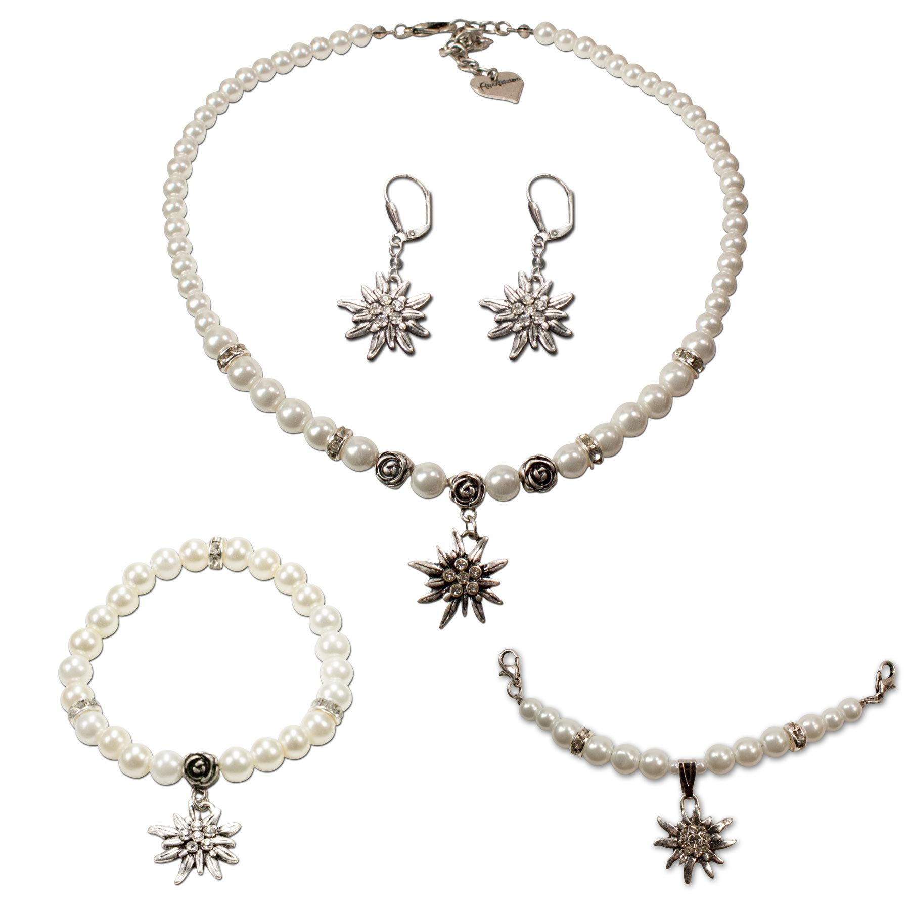 Alpenflüstern Trachtenschmuck-Set Perlen-Trachtenkette, Armband, Charivari und Ohrhänger Strass-Edelweiß - Damen-Trachten-Schmuck, Trachtenset Creme-weiß SET048