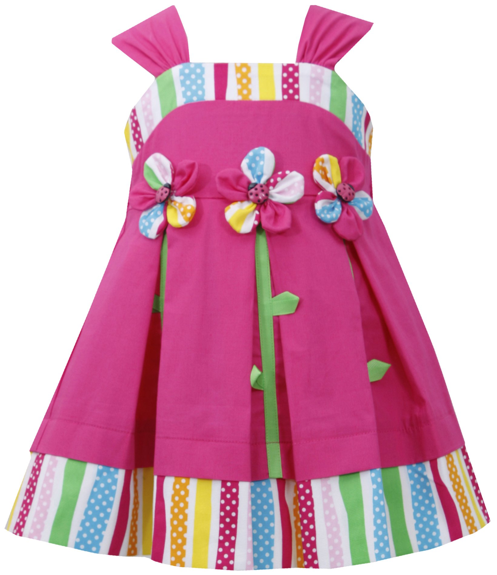 Little Girls 2T-4T Fuchsia-Pink Ladybug Button Flower Stem Applique Dress