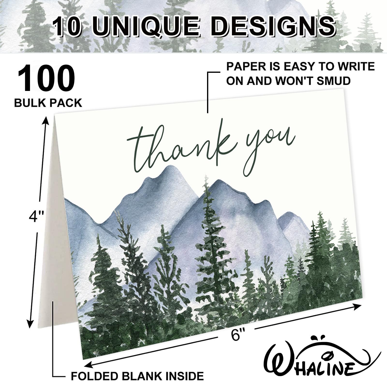 Whaline Lot de 100 cartes de remerciement à l'aquarelle avec enveloppes et autocollants, 10 motifs vierges pour invitations de fête, 10 x 15 cm