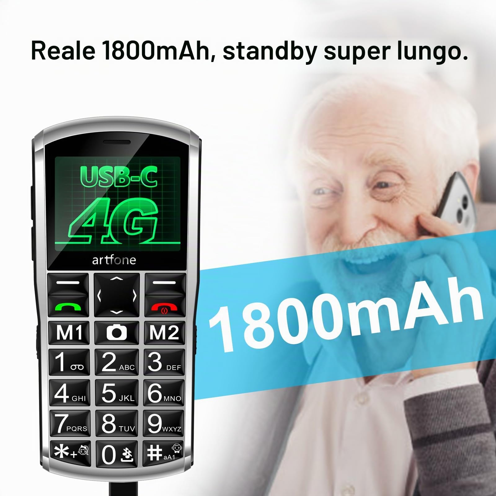 artfone A400 Pro 4G Telefono Cellulare per Anziani con Tasti Grandi丨Funzione SOS丨Chiamata Rapida丨Volume Alto丨Base di Ricarica丨Funzione di orario丨Doppia SIM丨Fotocamera丨Batteria da 1800 mAh - Argento
