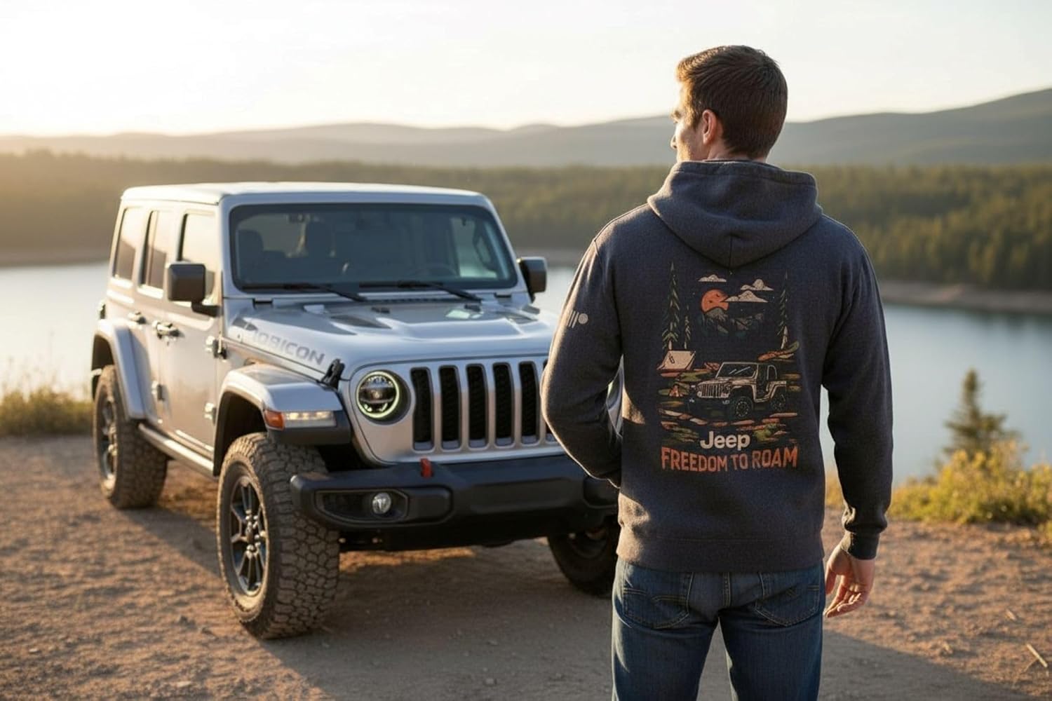 Jeep Freedom To Roam Full-Zip Hoodie Hooded Midweight Sweatshirt - Heather Navy Blue