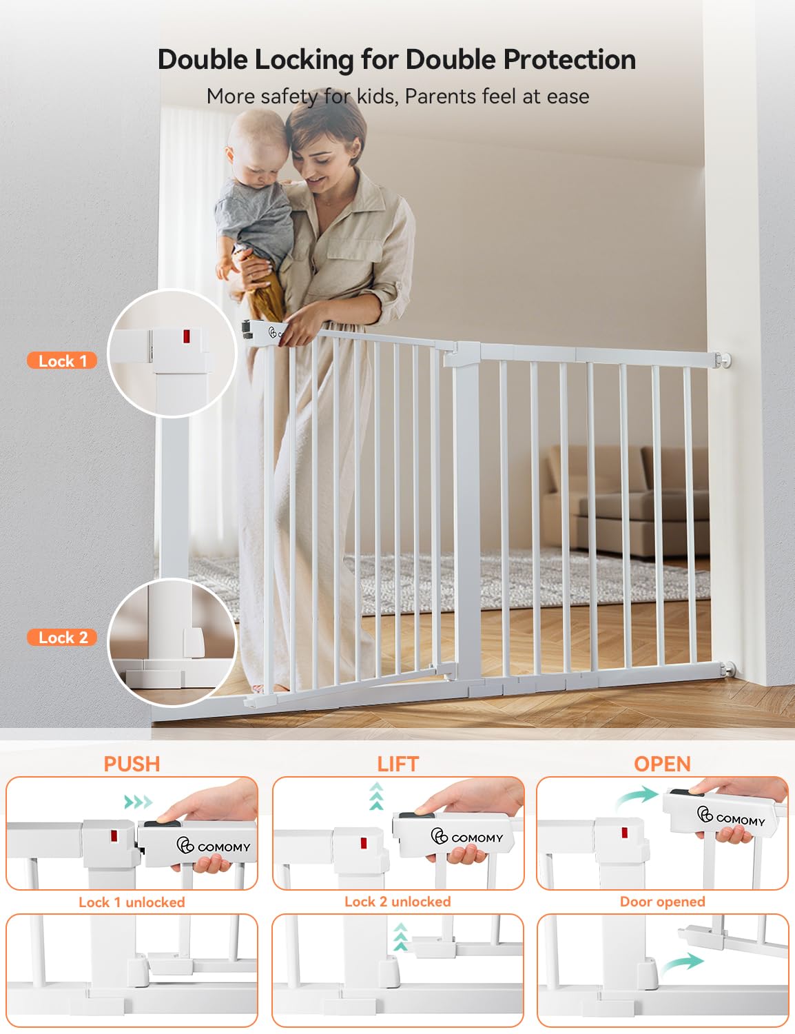 Cancelletto Di Sicurezza BOMI Senza Fori, Bianco, Larghezza 73-161 Cm, Chiusura Automatica A 90° - 4