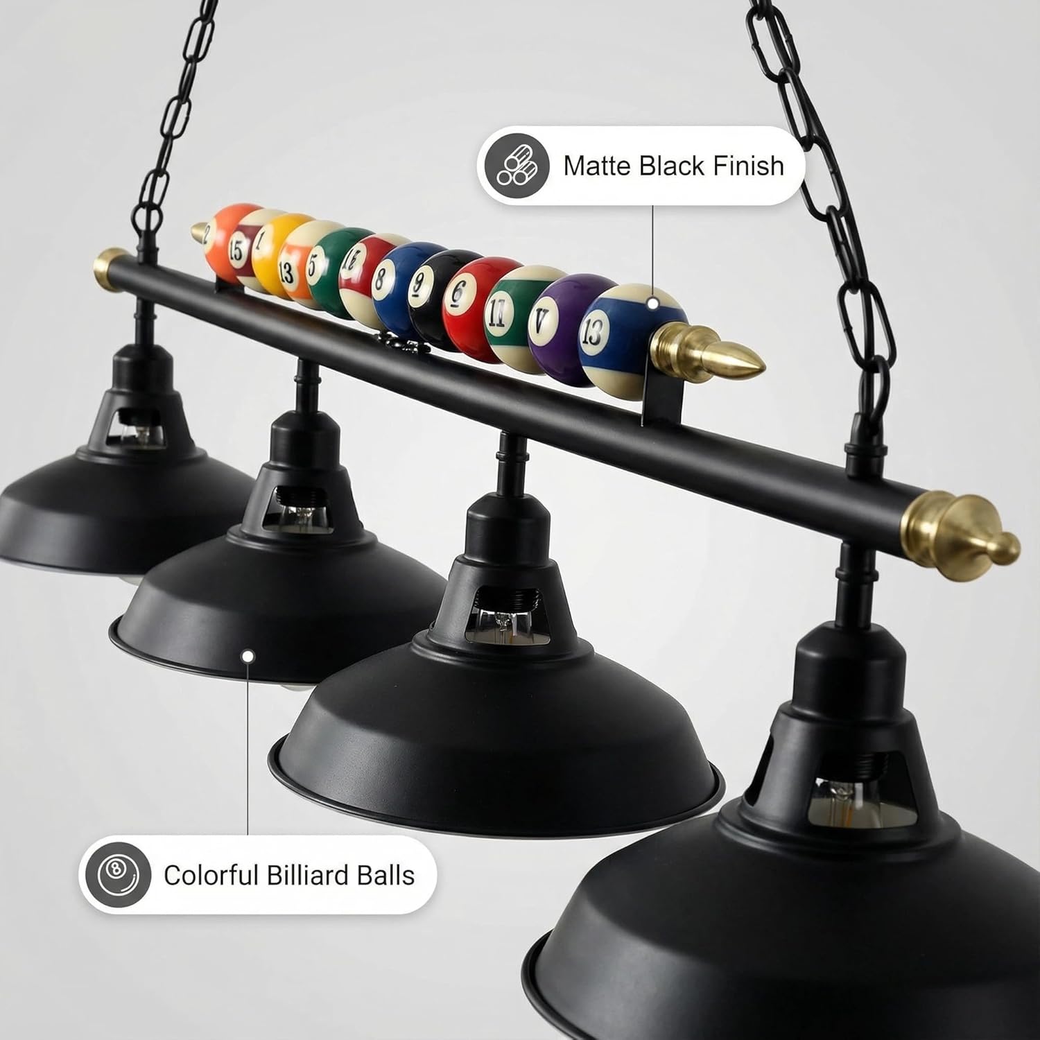 Billiard Pool Table Light - 4-Light Hanging Fixture with Adjustable Height & Metal Shades for 7ft 8ft Pool Tables, Perfect for Game Room, Billiard Club, Man Cave Lighting (Bulb Not Included)