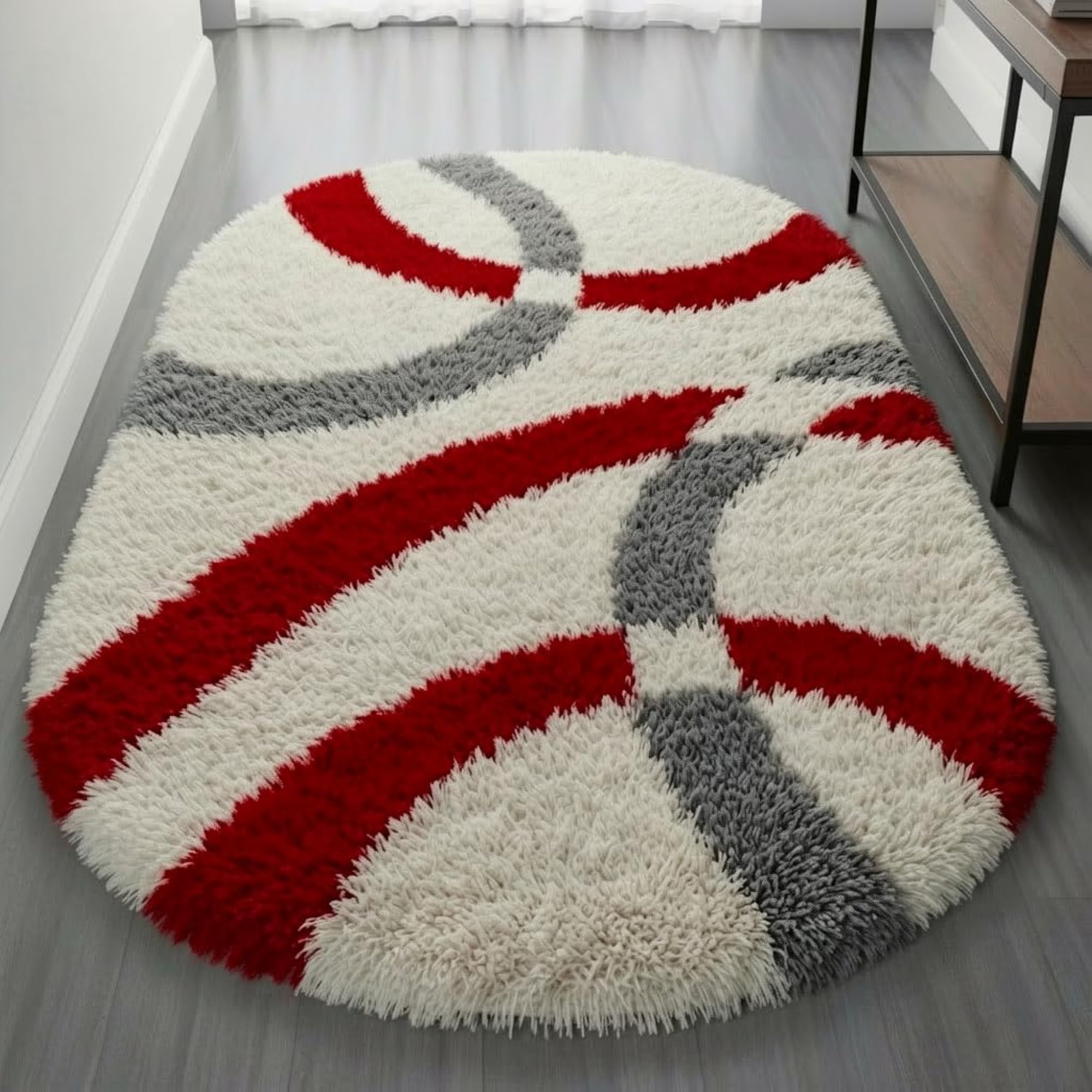 Oval Soft Shaggy Carpet Runner, Geometric Lines