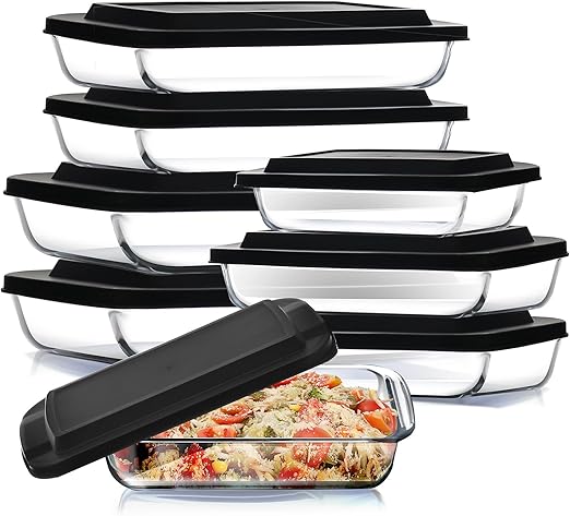 Nestl 8-Pack Glass Baking Dishes for Oven, Glass Food Storage Containers with Lids, Leakproof Casserole Dishes for Oven with Lid, Cooking, Microwave Oven Freezer Safe Bakeware, 9x13 Lasagna Pan Black