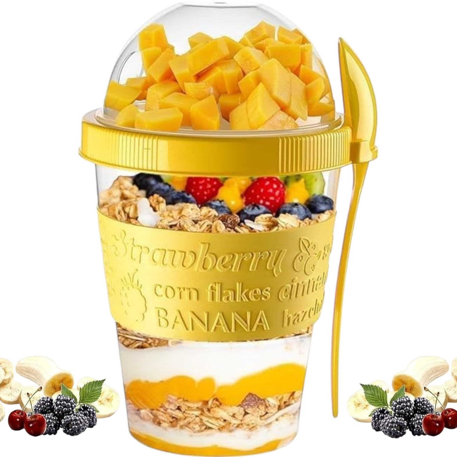 Pro Home Yellow Yogurt Pot With Spoon & Lid 20Oz/600Ml Bpa Free Reusable Airtight Dishwasher Safe On The Go Yoghurt Pots Muesli Cereal Cup Containers Overnight Oats Jar Storage (Yellow)