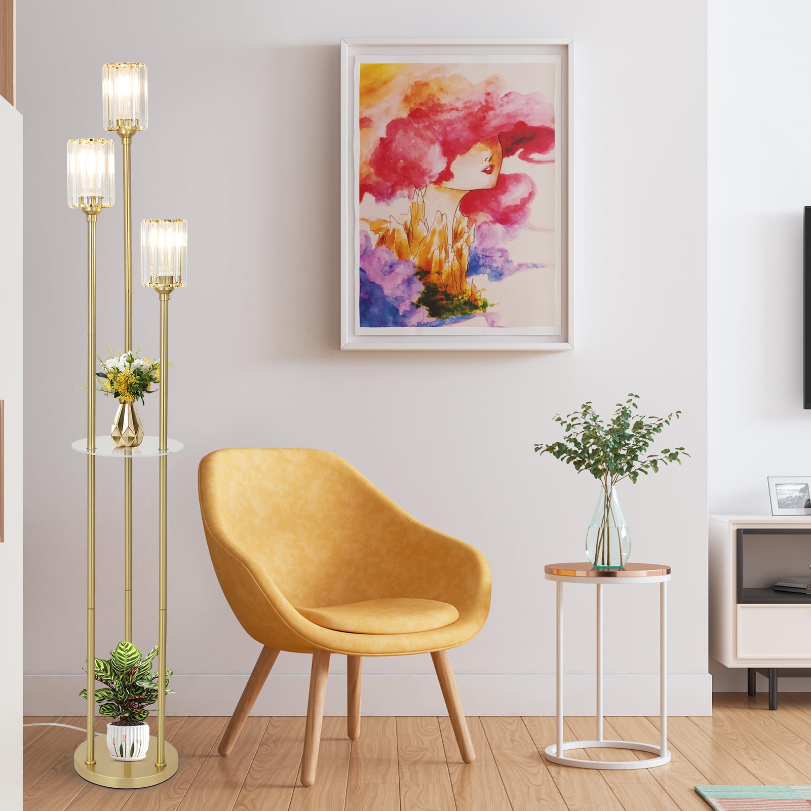Rayofly Gold Stehlampe Wohnzimmer, Modern Stehlampe mit Regal, 3-flammige Vintage Stehleuchte mit Glas Lampenschirm & Fußschalter, Kristall Stehlampen für Schlafzimmer Büro, Glas Stehlampen Wohnzimmer