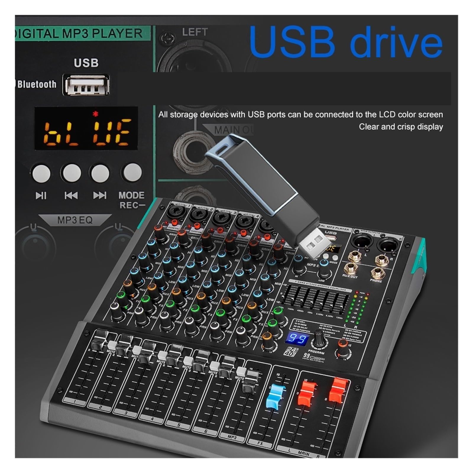 VCHICS Audiomixer, 6-Kanal-Soundmixer, Audio-Mischpult, USB, Aufnahmecomputer, 48 V Phantomspeisung, Verzörung, Repaeat 99 Effekt für Gitarren, Bässe und Keyboards