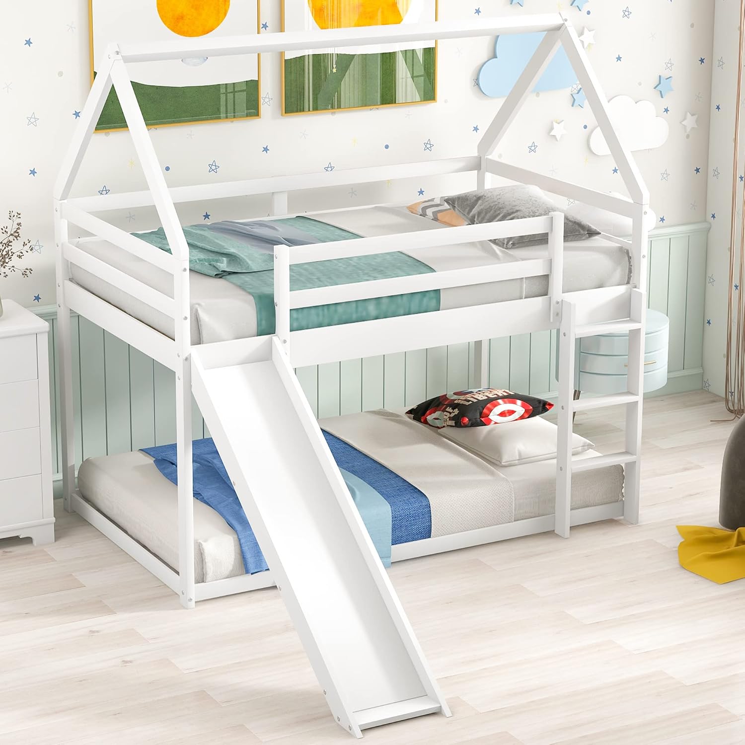 MERITLINE House Shaped Bunk Bed Twin Over Twin Size Wood Bunk Bed with Slide Low Bunk Beds for Boys and Girls, Twin Size, White