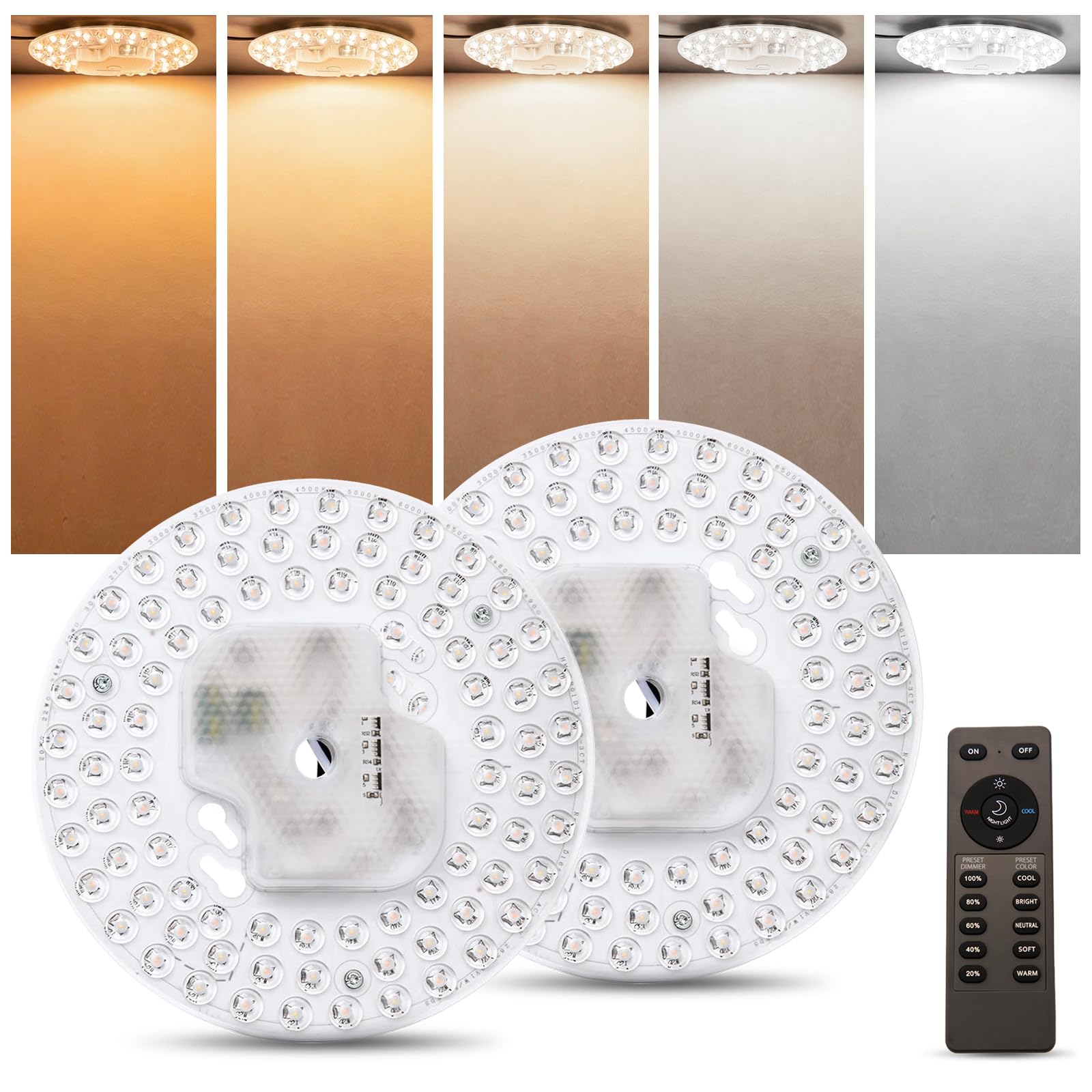 6.69inch 36W Ceiling Fan LED Light Replacement with Remote, 3200LM LED Light Engine Retrofit Kit, Dimmable 5CCT 2700K/3000K/3500K/4000K/5000K Ceiling Fan Light Kits, AC110-130V -2Pack