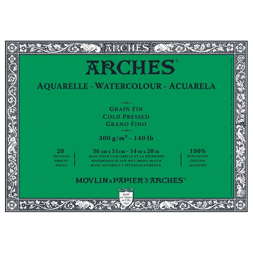 Canson Arches 36x51cm Natural White Cold Pressed 300 GSM WaterColour Paper, Glued on 4 sides (Block of 20 Sheets)