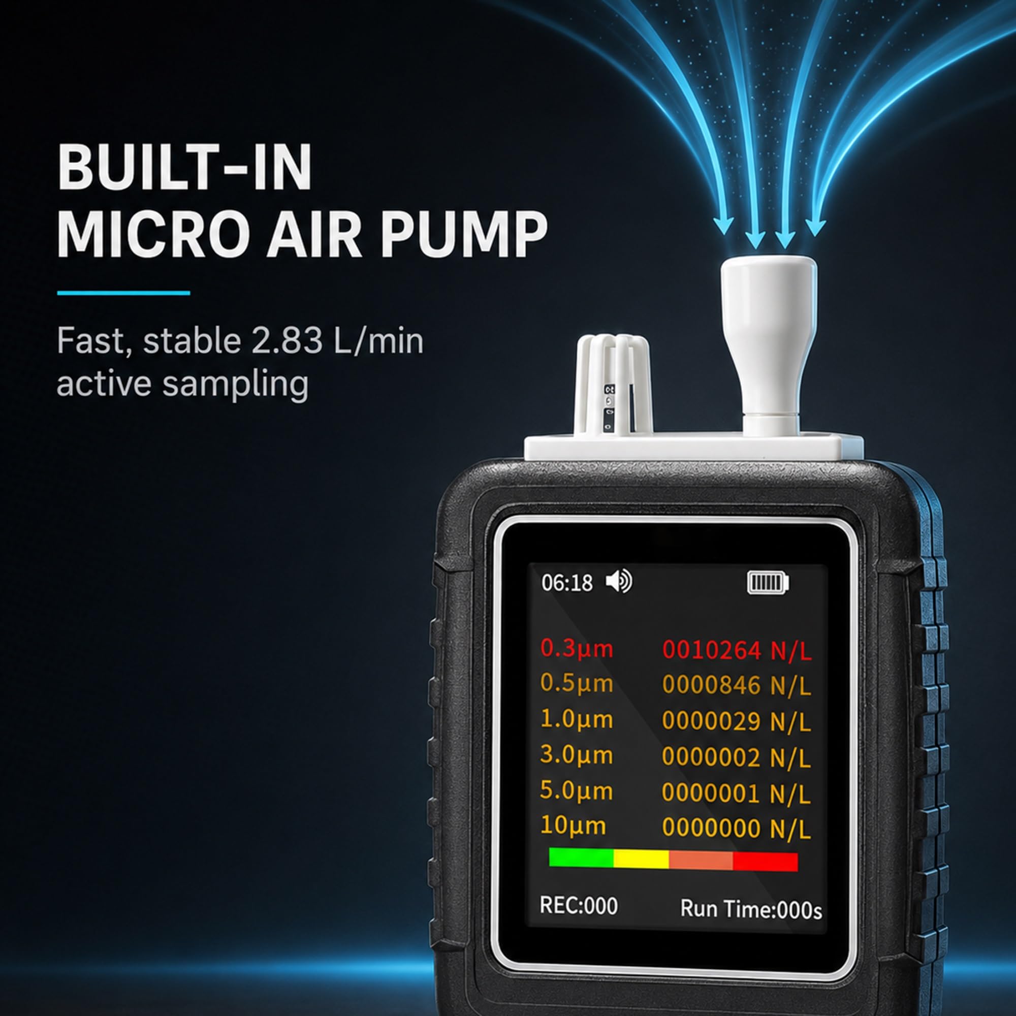 Contatore di particelle per camere bianche e HVAC, 6 canali | Strumento portatile con misurazione rapida, display HD, memoria dati e soglie di allarme regolabili
