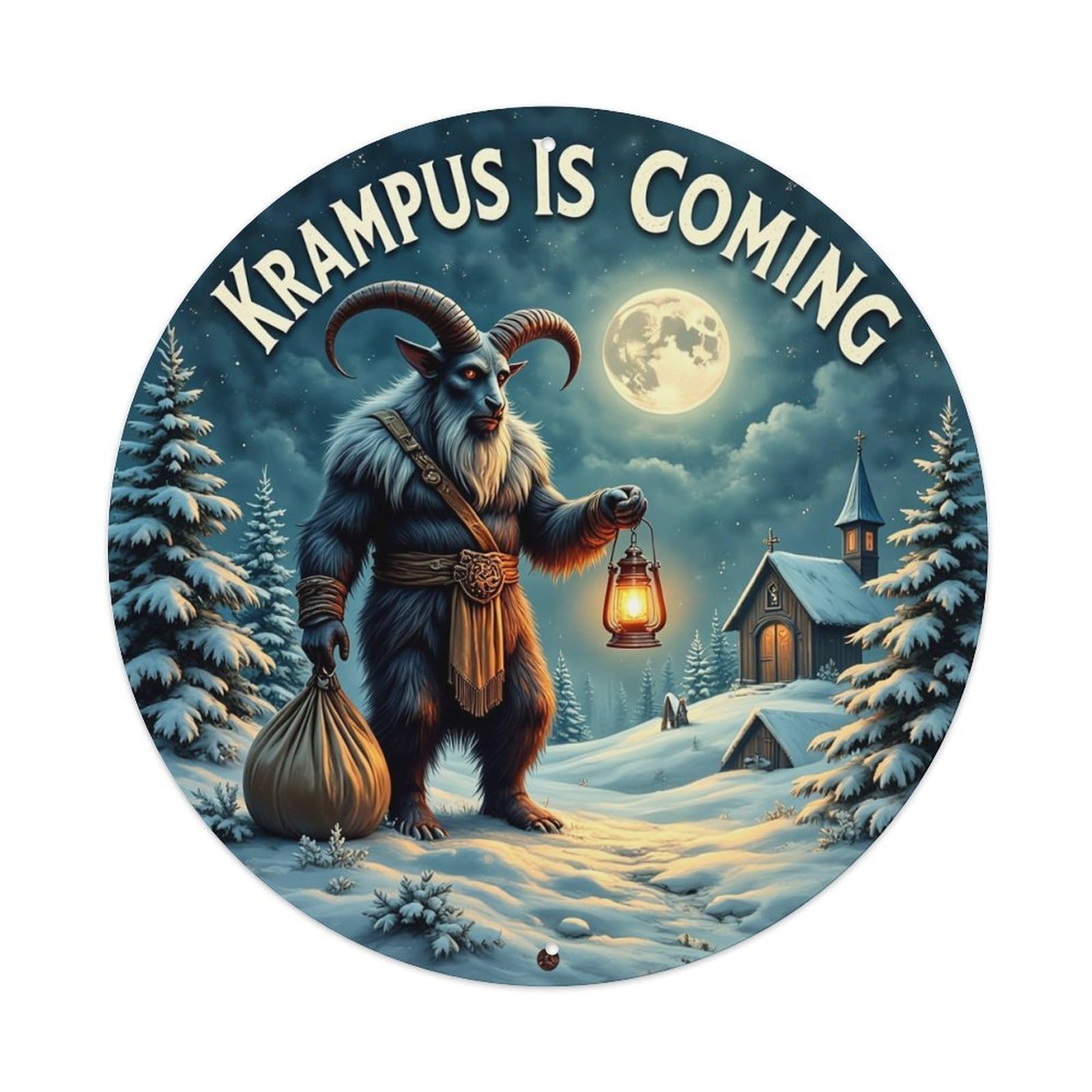 Krampus Is Coming Winter Scene Vintage Round Tin Sign Retro Metal Wall Decor Metal Poster, Home Bar Garage Cafe Wall Art Decoration 8x8Inches
