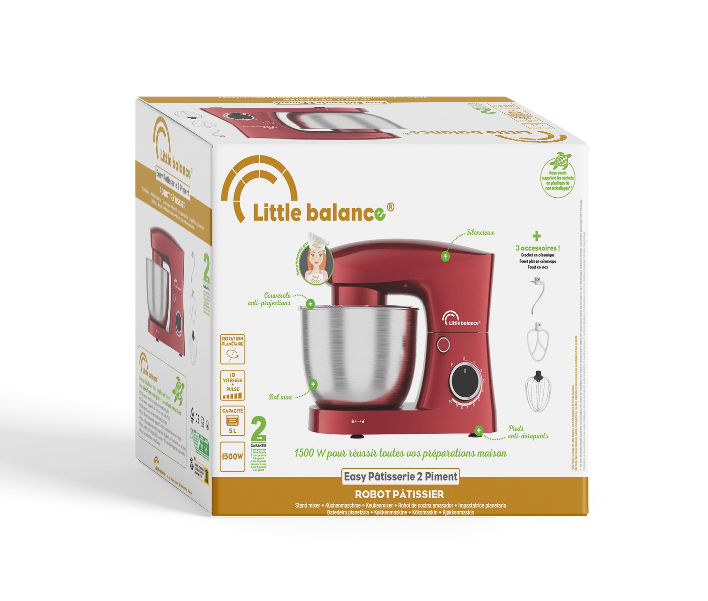 LITTLE BALANCE 3060 Easy Pâtisserie 2, Robot Pâtissier, Bol inox 5 l, 10 vitesses, Fonction Pulse, Tête inclinable, Avec Crochet, Fouet et Batteur pour mélanger, fouetter, pétrir, 1500 W, Piment