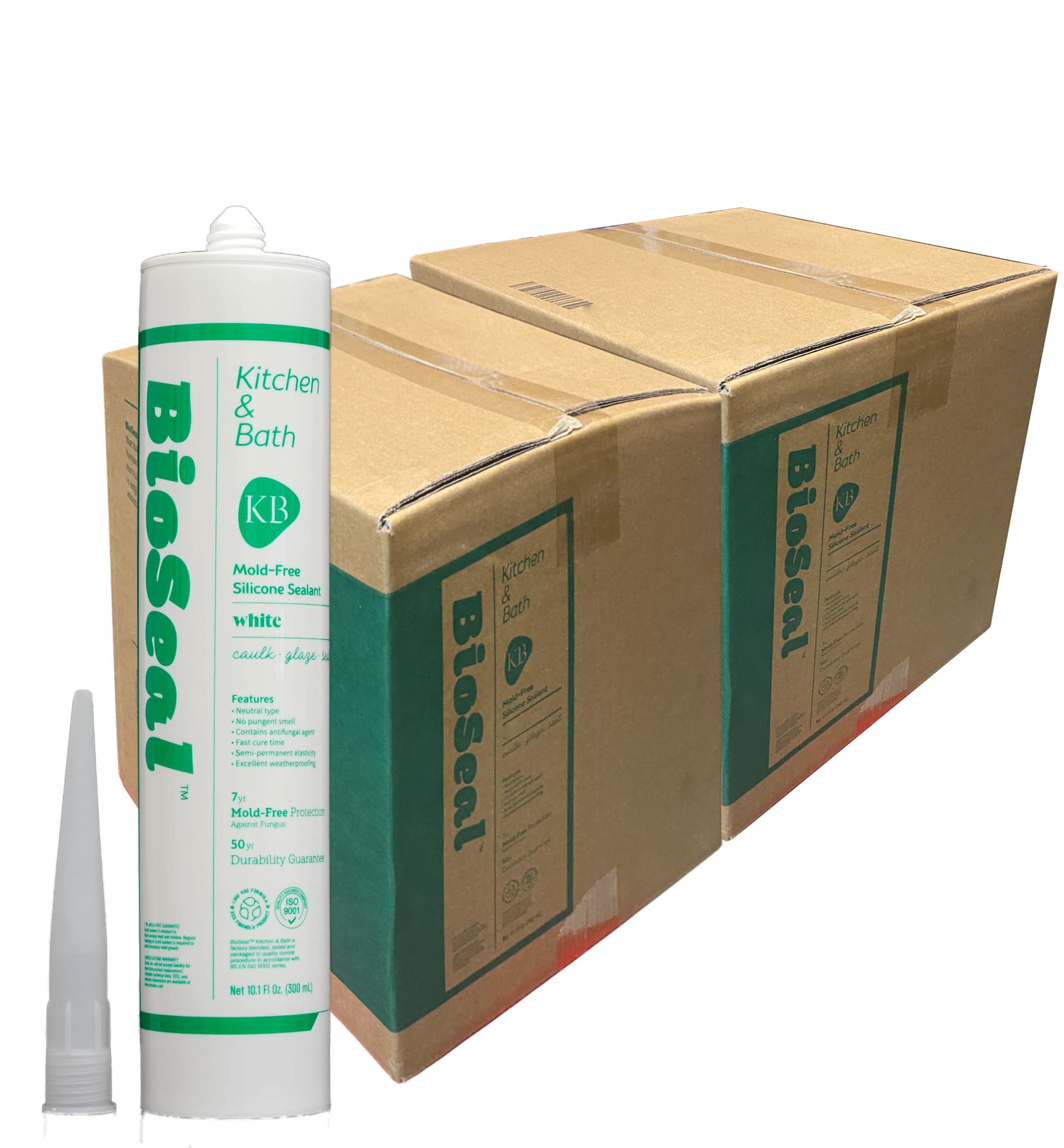 White BioSeal 100% Silicone Sealant Caulk Kitchen and Bath Grade, Waterproof and No Odor 10.1 Ounce Cartridge, 50 White Tubes / 2 Boxes