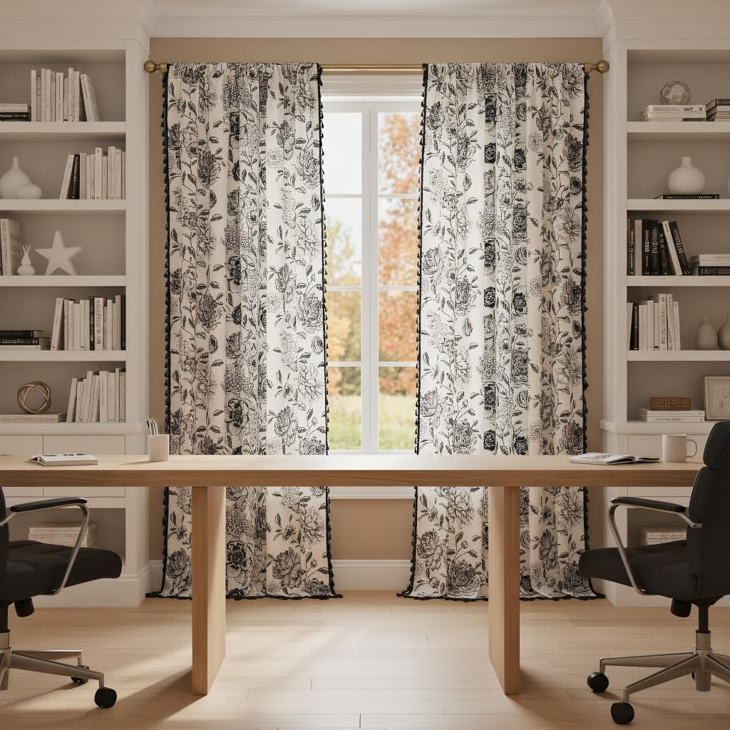 F-CHU Boho Curtains for Living Room 96 Inch Length French Country Floral Drapes Farmhouse Rustic Vintage Window Curtain Panels for Bedroom Chic Cotton Linen Closet Curtains，2 Panel