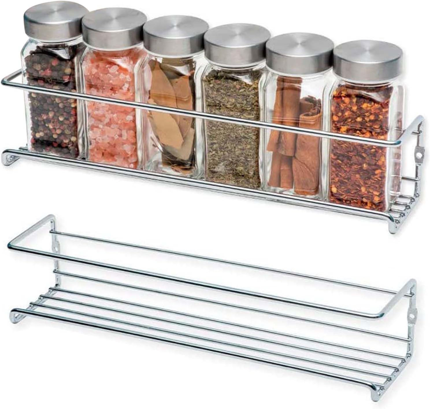 Wall Spice Rack, Set of 2, Metal Spice Rack, Hanging, No Drilling, Anti-Rust Kitchen Shelf for Spices, Shower Shelf & Wall Organiser (Silver)