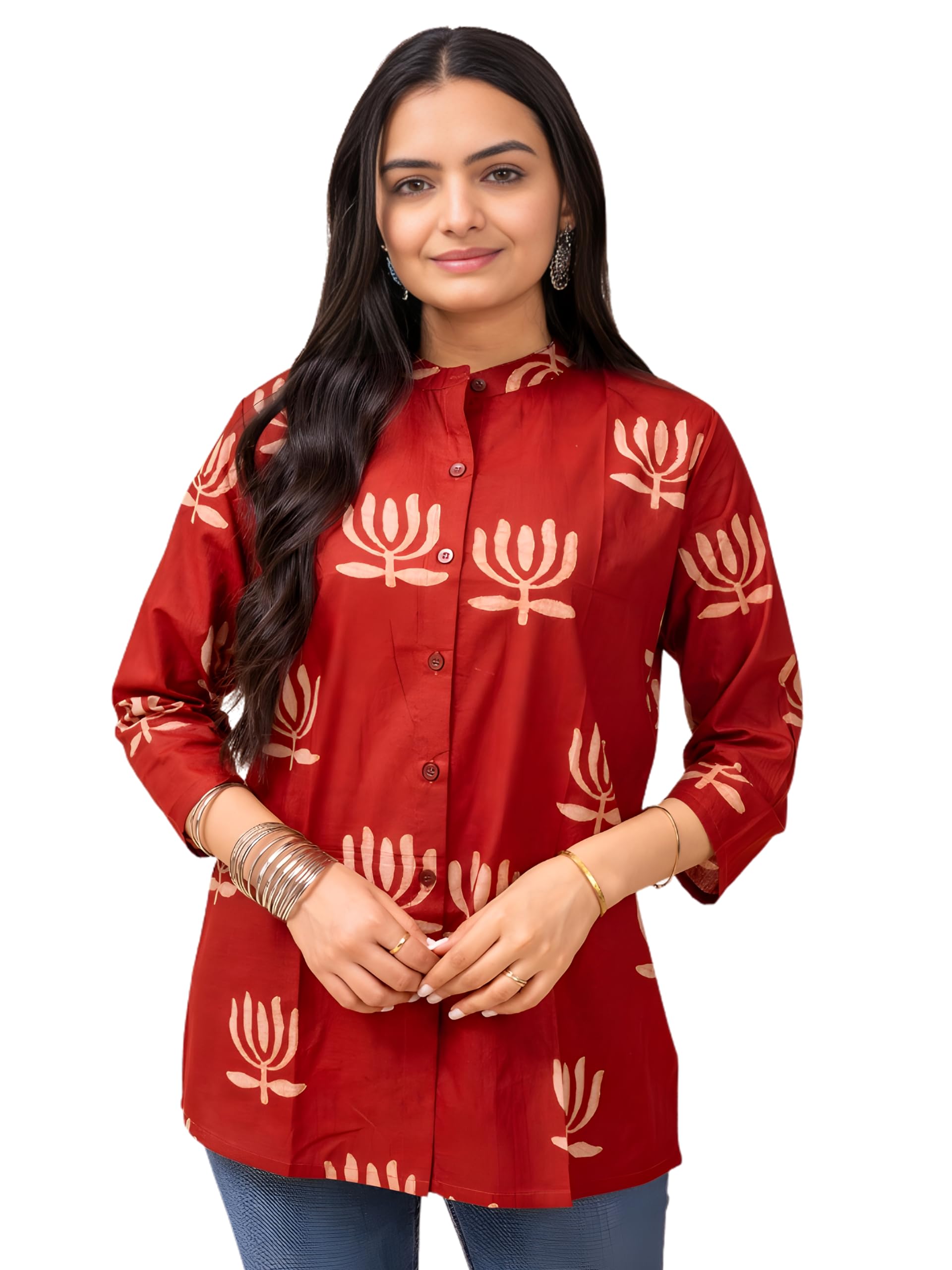 ekisha Women's Cotton Tunic Top, Maroon Designer Printed Short Kurti, Round Neck, Three-Quarter Sleeves, for Daily, Party and Formal Wear-picture-36