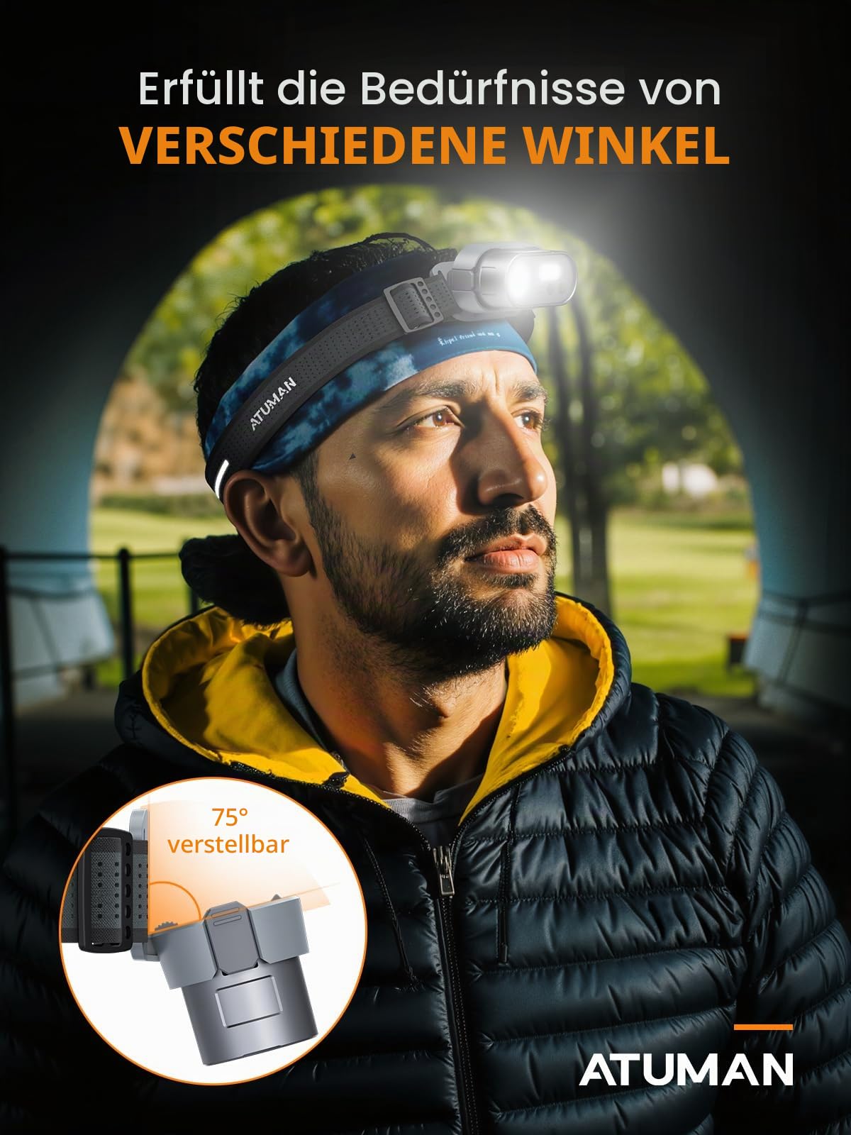ATuMan MH1 Stirnlampe LED Wiederaufladbar, Kopflampe Stirnlampe 1 Stück Superhell mit 8 Lichtmodi Weißes & Rotes Licht Stirnlampen mit Sensor IPX4 Wasserdicht für Camping/Wandern/Joggen/Angeln