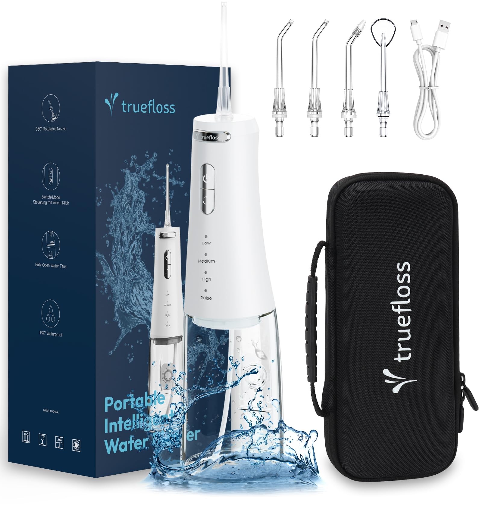 Cordless Water Dental Flosser, 4 Modes 5 Jet Tips Replacement, IPX7 Waterproof,300ML Removable Water Tank Powerful Battery &Type-C Charge Oral Irrigator for Business Travel