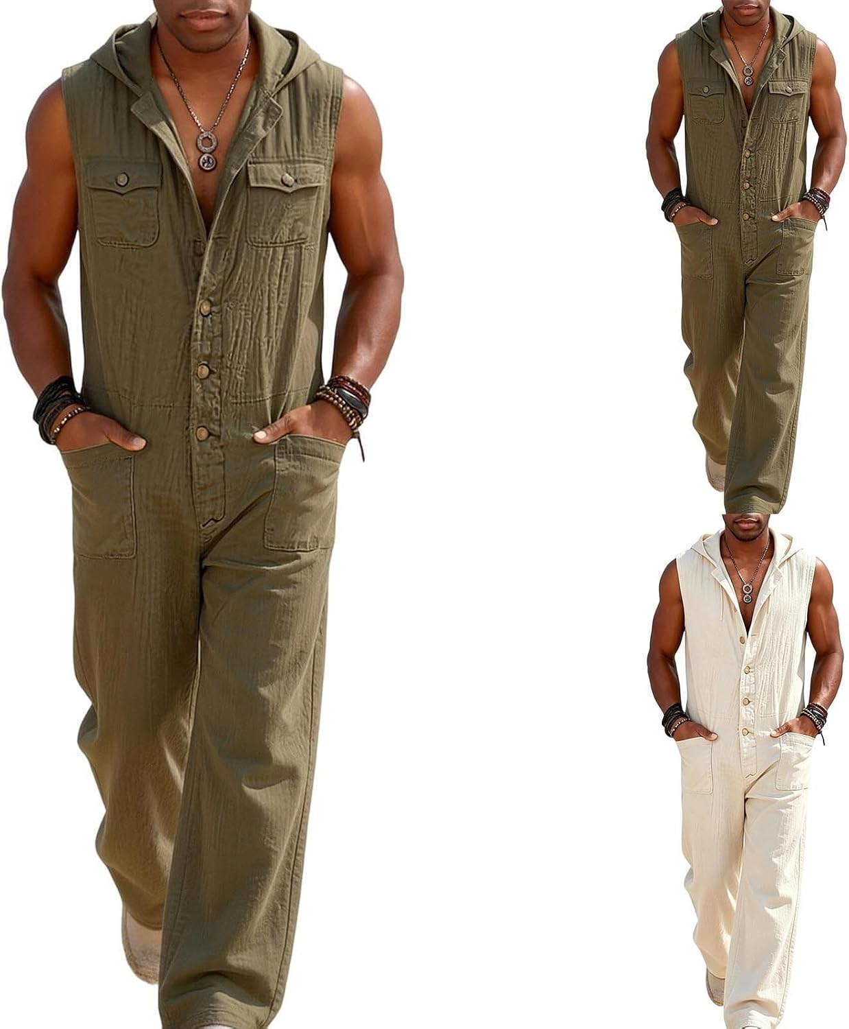 Cambkatl Men's Linen Hoodies Jumpsuits Button Down Loose Sleeveless Tracksuit One Piece Straight Pants with Pockets