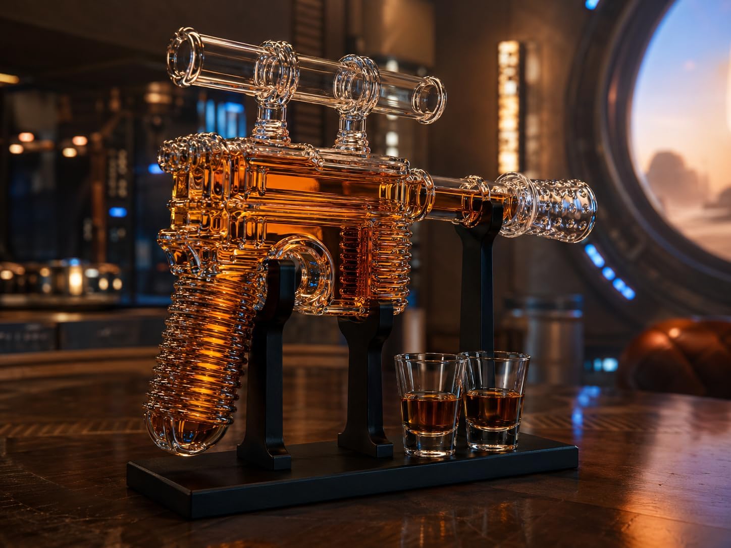 Whiskey Decanter Set for Men, 450mL DL-44 Sci-Fi Blaster Glass Liquor Bottle with 2 Shot Glasses and Wood Stand, Pistol Gun Decanter for Bourbon Scotch Home Bar, Man Cave Bar Shelf Display