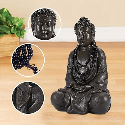 Miniatura 10 de Goodeco 11.4 Estatua de estatua de Buda Zen meditadora, decoración interiorexterior para el hogar, jardín, con collar de cuentas de madera natural,