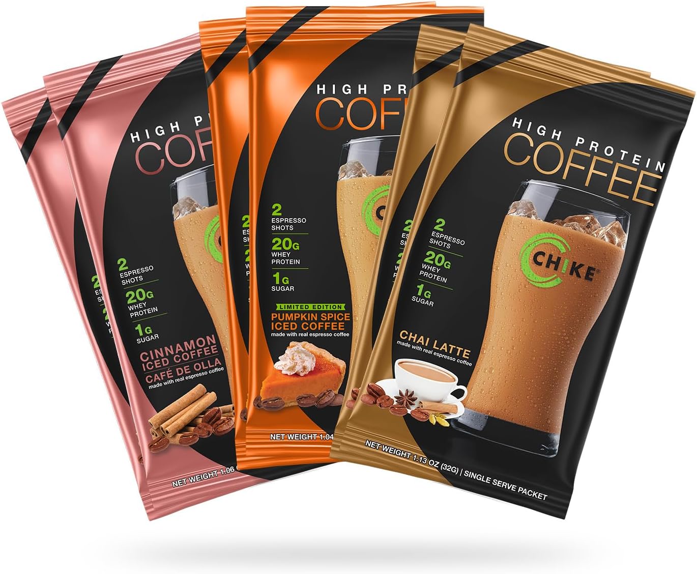 Chike Autumn Spice High Protein Iced Coffee Sampler Pack, 20 G Protein, 2 Shots Espresso, 1 G Sugar, Keto Friendly and Gluten Free, 6 Single Serve Packets