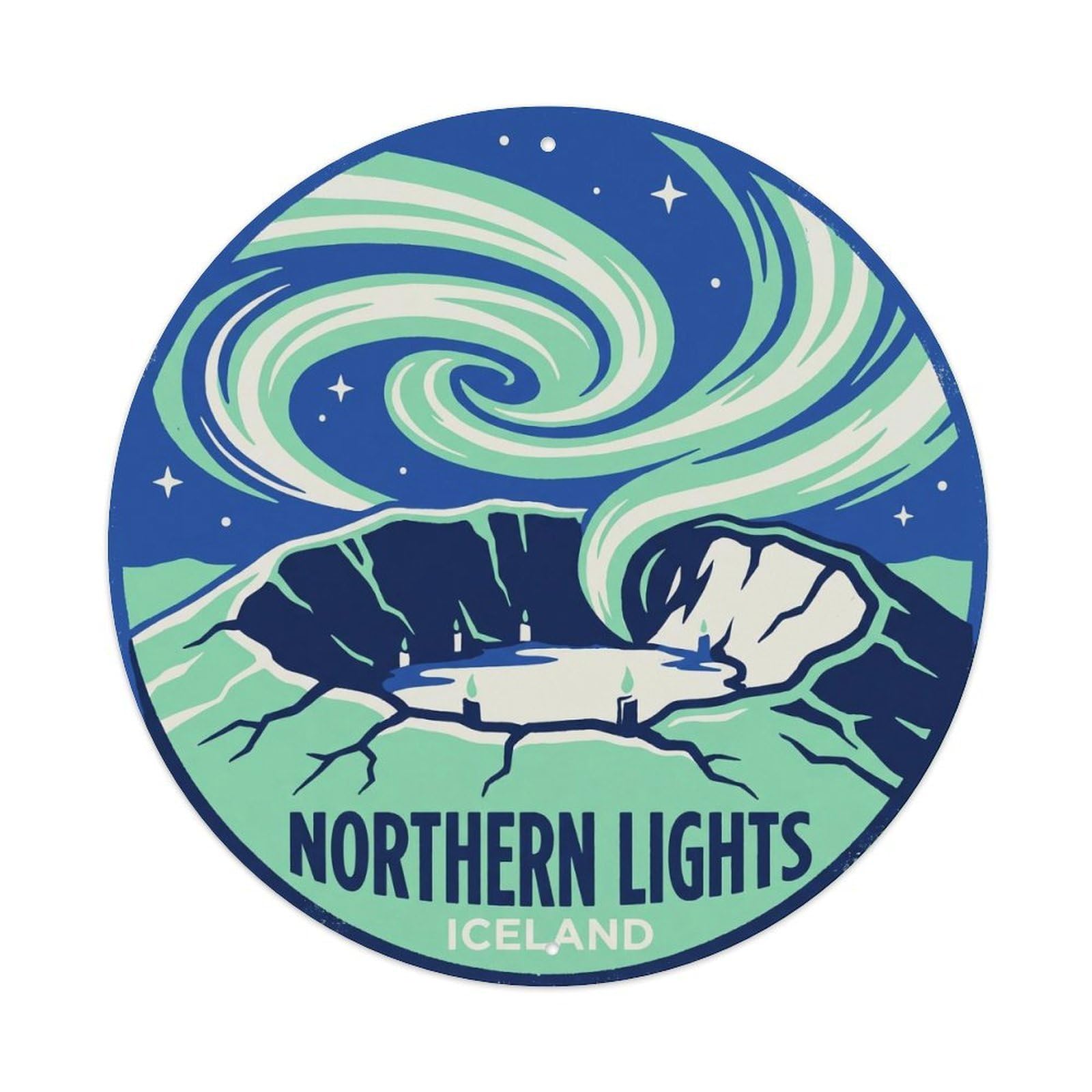 Northern Lights Volcanic Crater Iceland Waterfall Metal Tin Sign