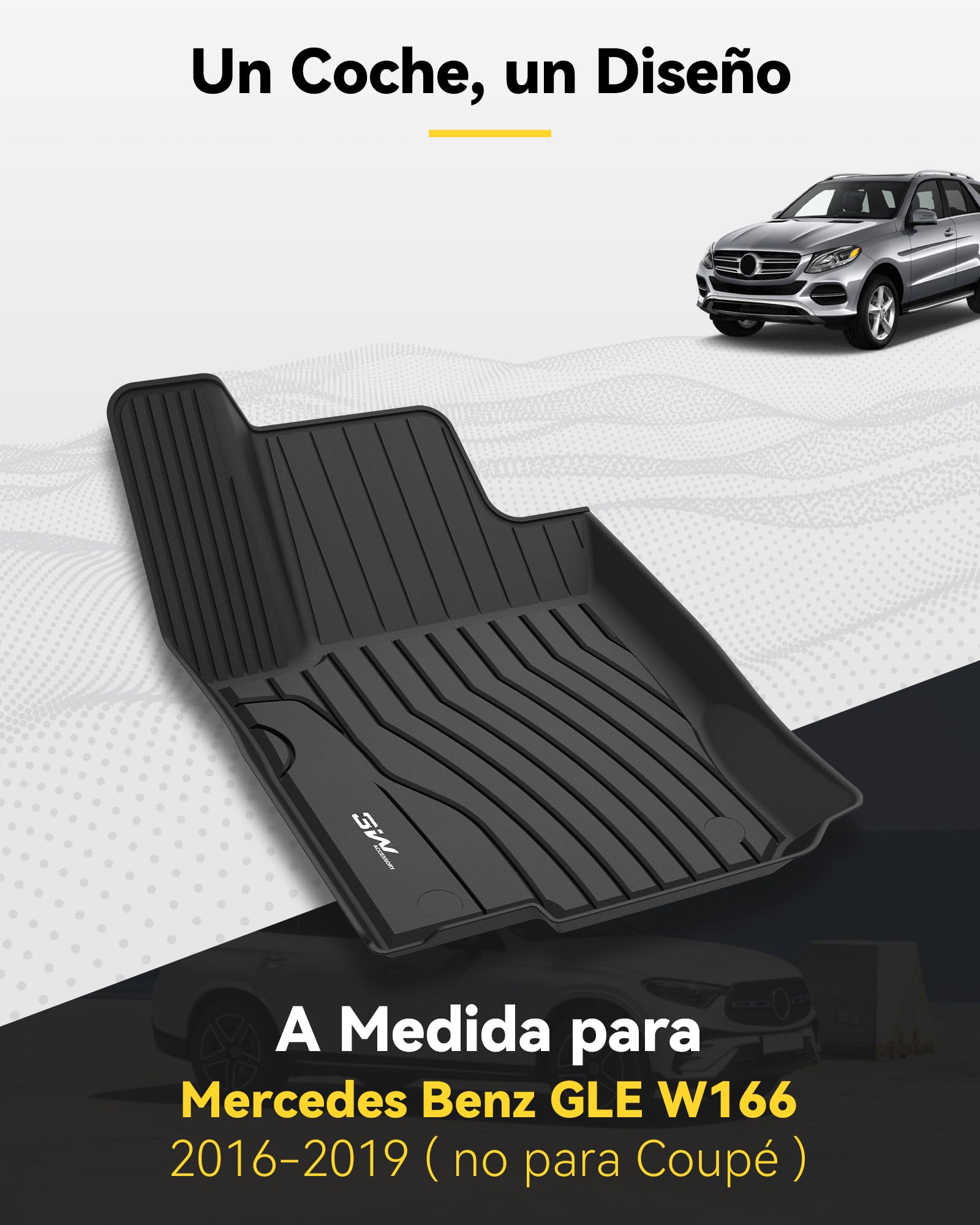 3W Alfombrillas de Coche Compatible con Mercedes Benz GLE W166 2016-2019, TPE Alfombrillas para Todo Tipo de Clima para Benz GLE la 1ª y 2ª Fila Juego Completo, Accesorios, Negro (No para Coupé)