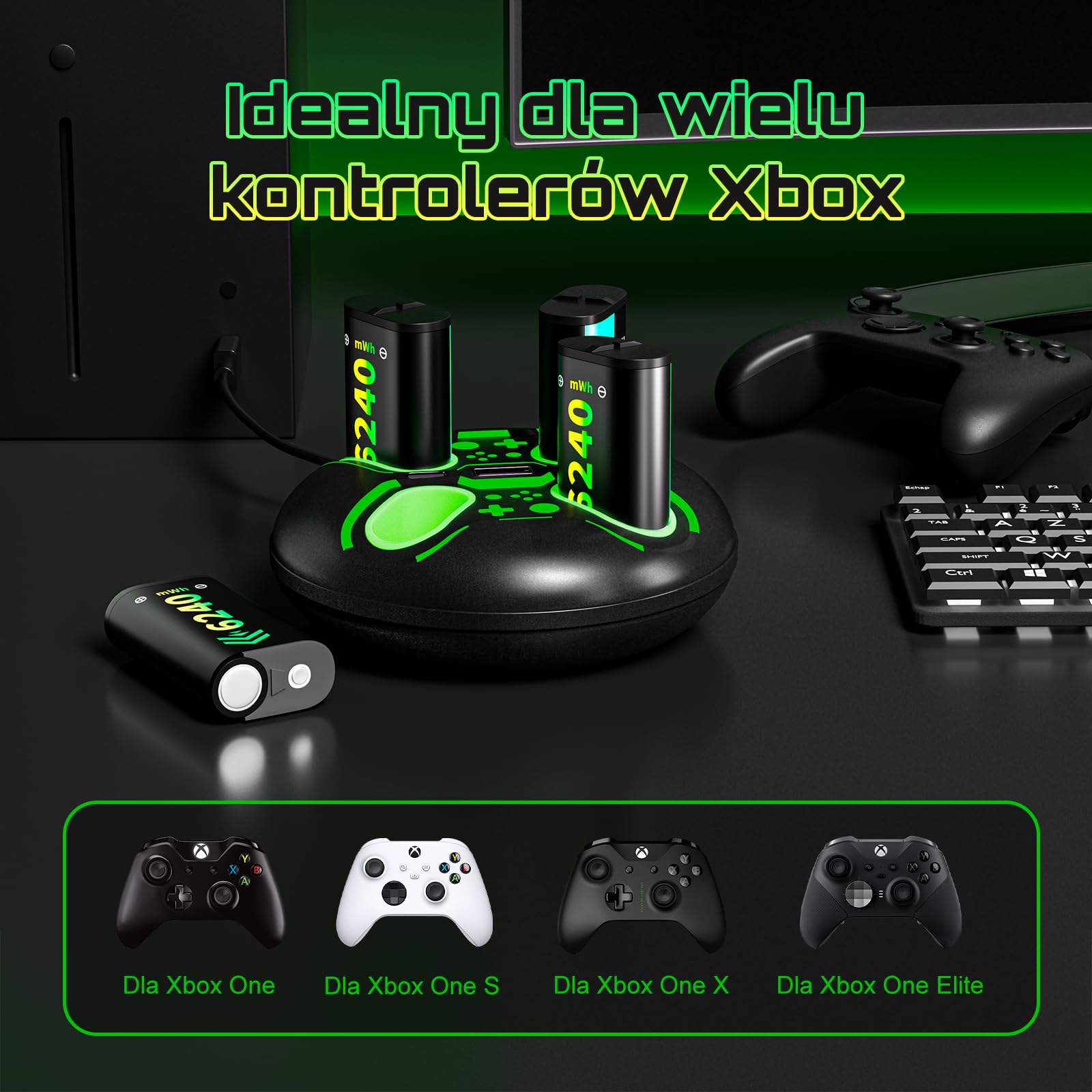 für Xbox Controller Charger mit 4x6240mWh Akkus, Schnellladestation mit LED-Anzeige, Kompatibel mit Xbox Series X|S, Xbox One S/X/Elite - Schwarz