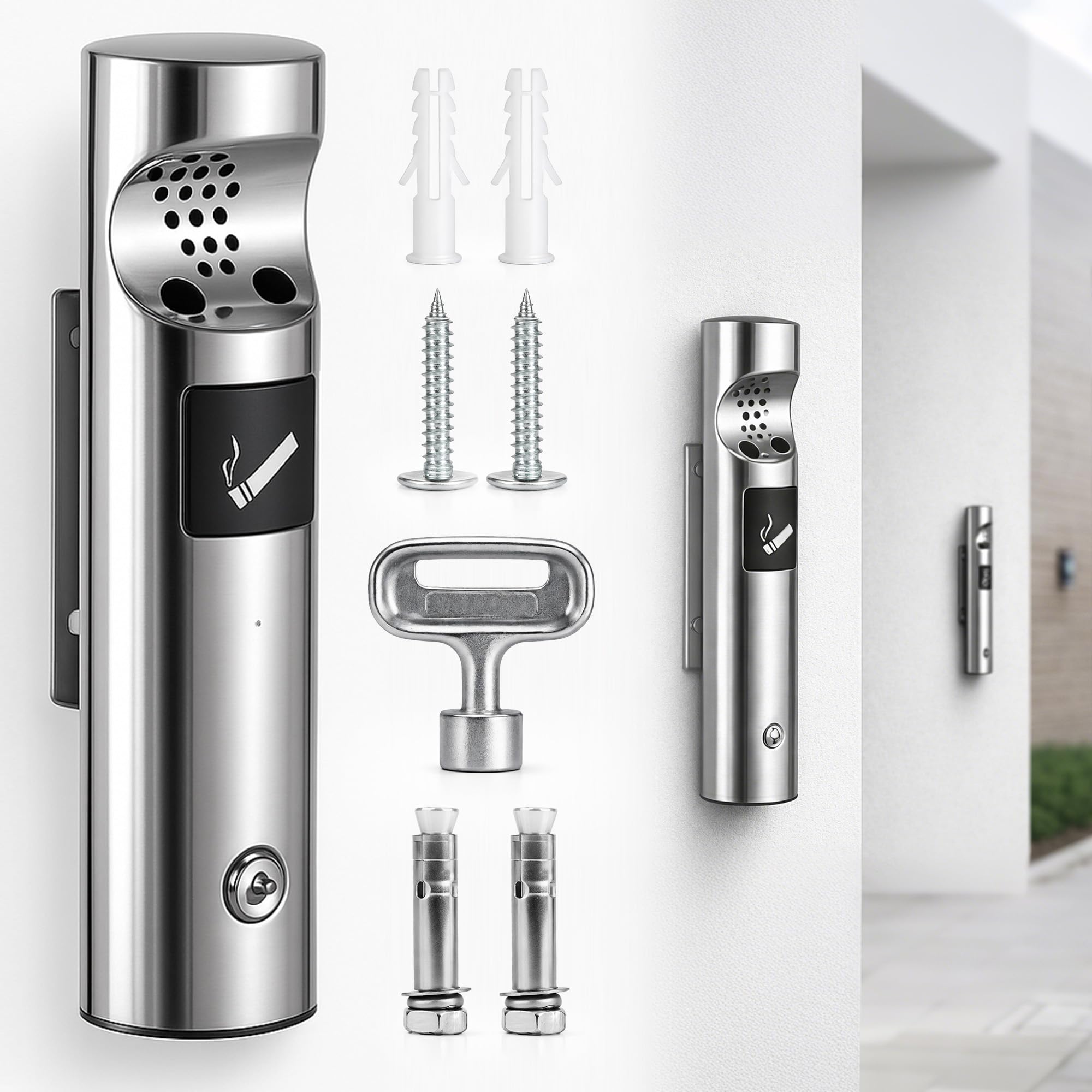 Posacenere da parete in acciaio inox per esterni, set con chiave