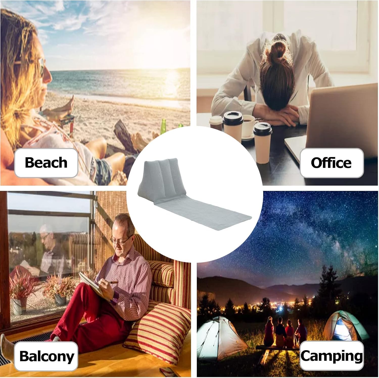 VPGS Beach Reclining Lounger Sun Lounger Portable Leisure Inflatable Beach Mat Foldable Waterproof Flocking Back-Rest for Indoor Outdoor Home Camping 3