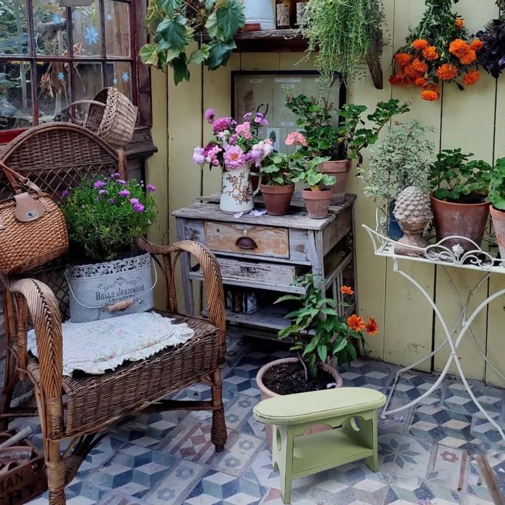 TentHome Panca in Legno Vintage, Poggiapiedi Rustico per Bambini, Sgabello Shabby per Fiori per Piante, Sgabello Ovale Per Bambini, Perfetto per Cameretta, Giardino e Cucina (Verde)