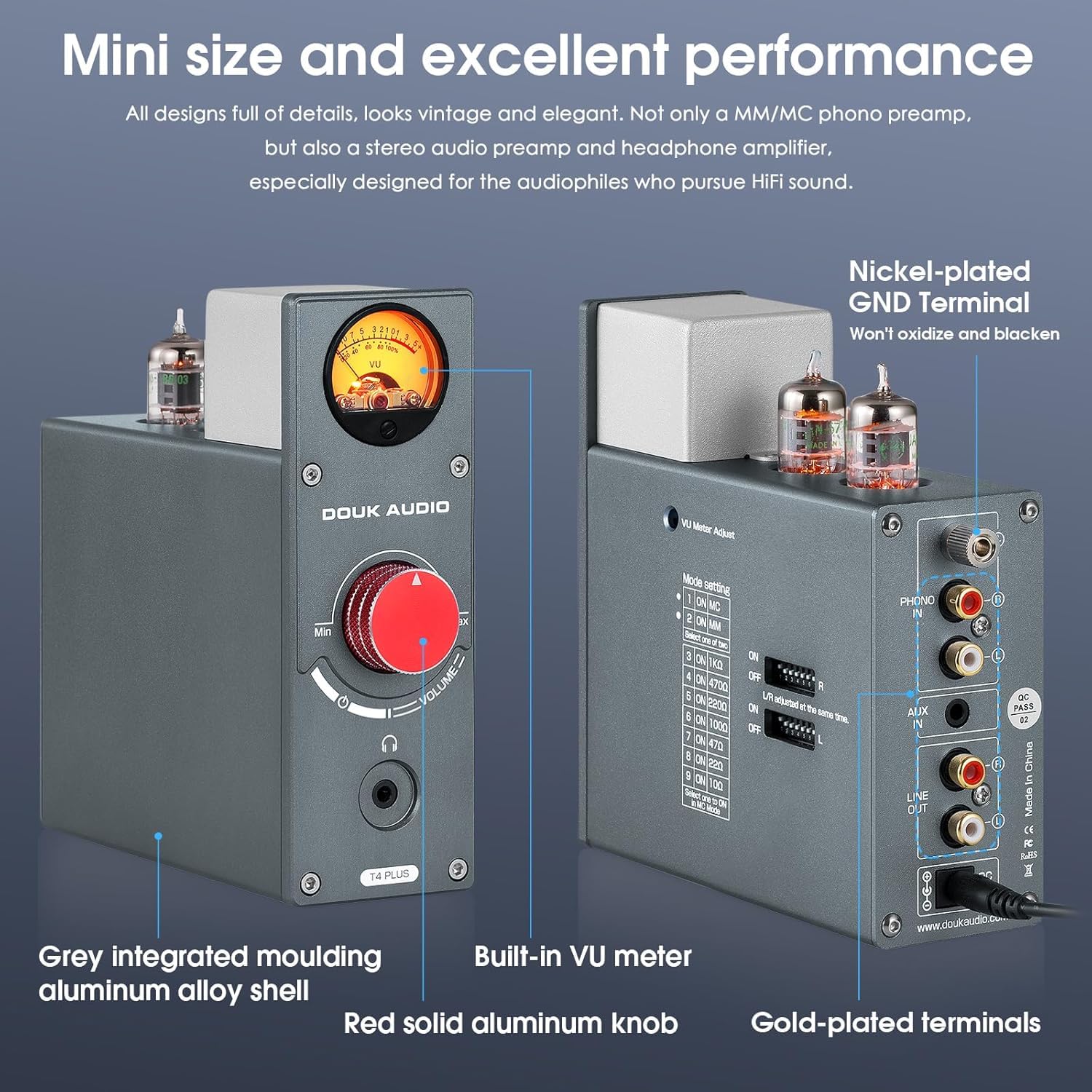 Douk Audio Röhren-Phono-Vorverstärker: HiFi MM/MC Plattenspieler-Vorverstärker | Kopfhörerverstärker mit AUX-Eingang | VU-Meter für Plattenspieler, Vinyl-Systeme und Audiophile (T4 Plus)